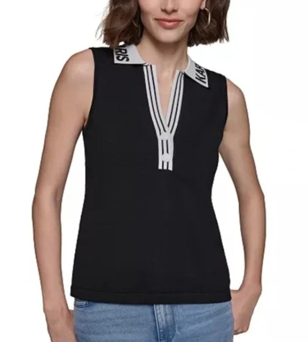 Karl Lagerfeld Paris Sleeveless Black White Logo Polo Sweater Top Size XS